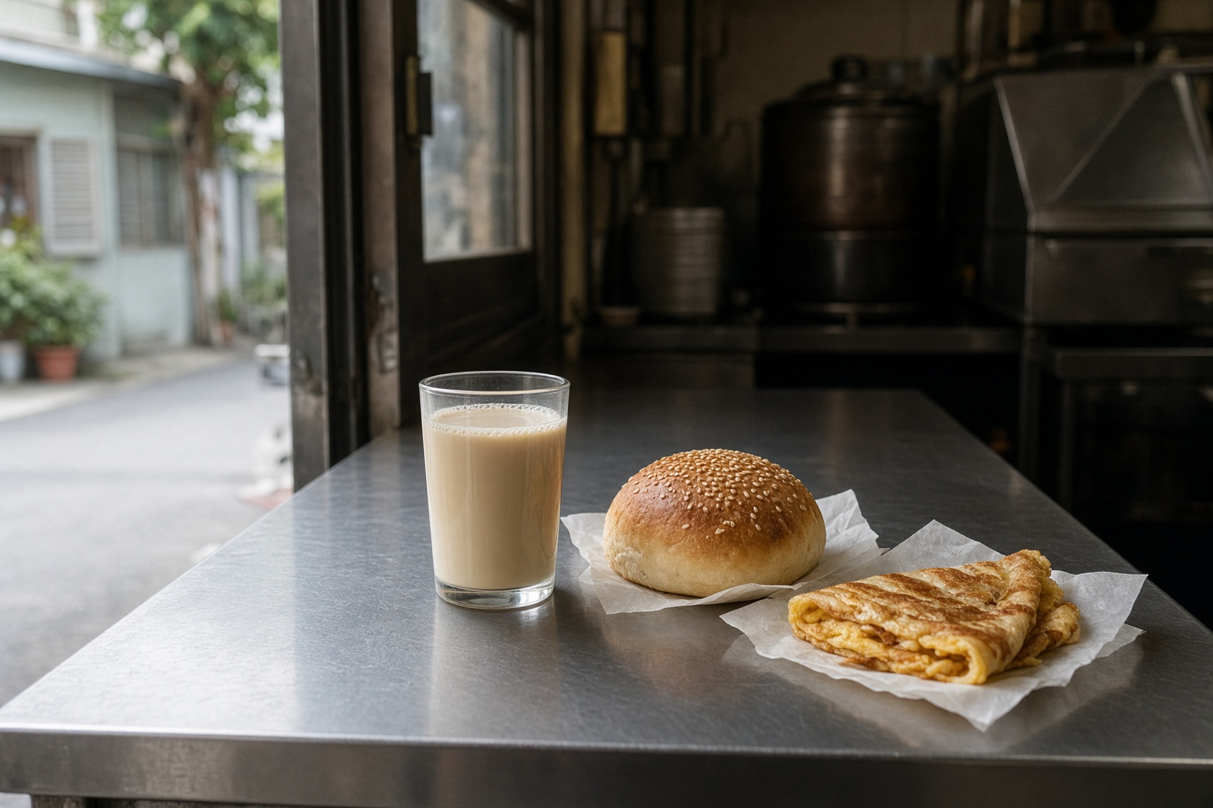 A Taiwanese breakfast shop counter in morning light — the street-level civic life that includes trash night