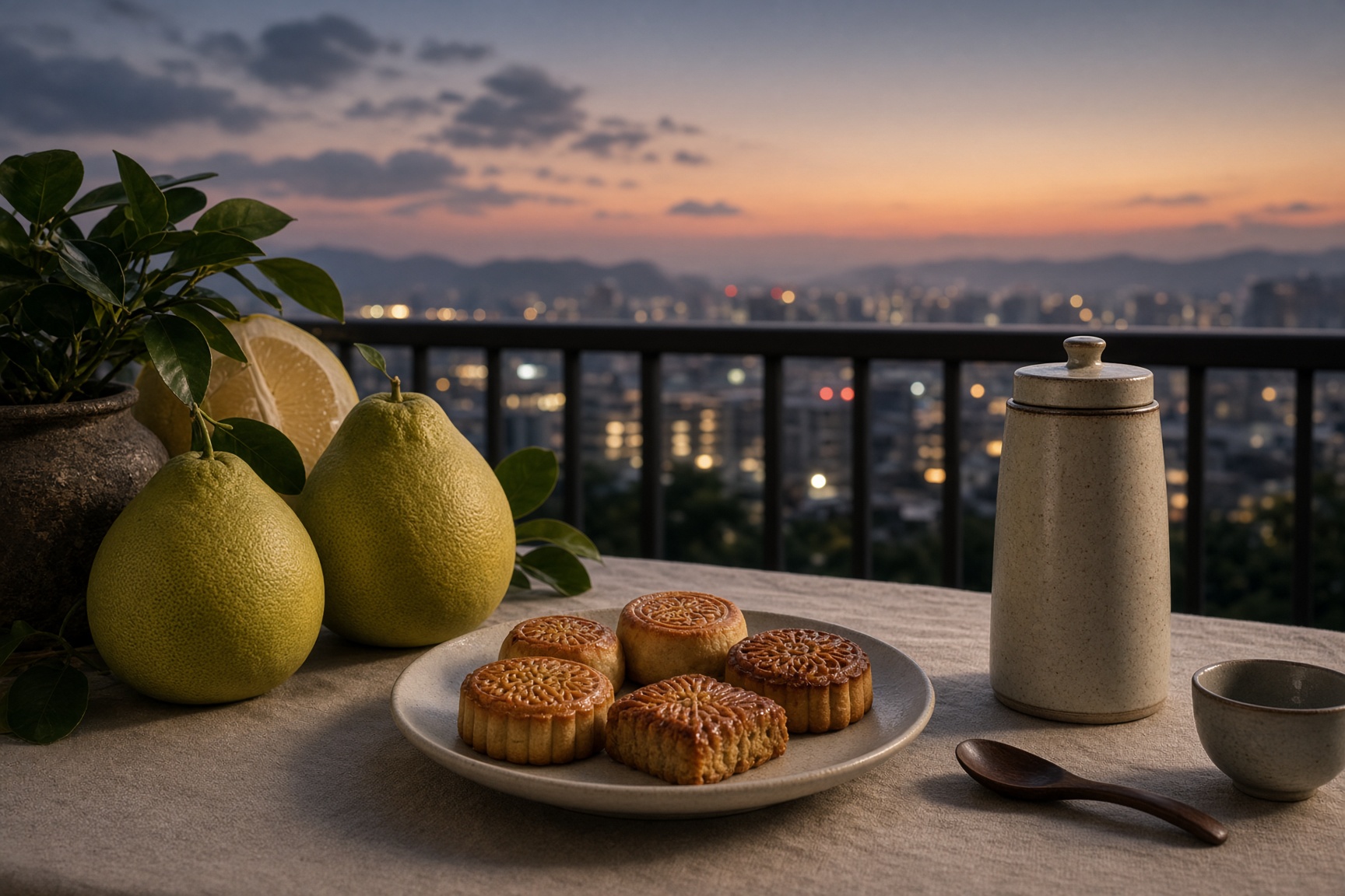 Pomelos and mooncakes on a Taiwan balcony table at dusk, city lights beyond