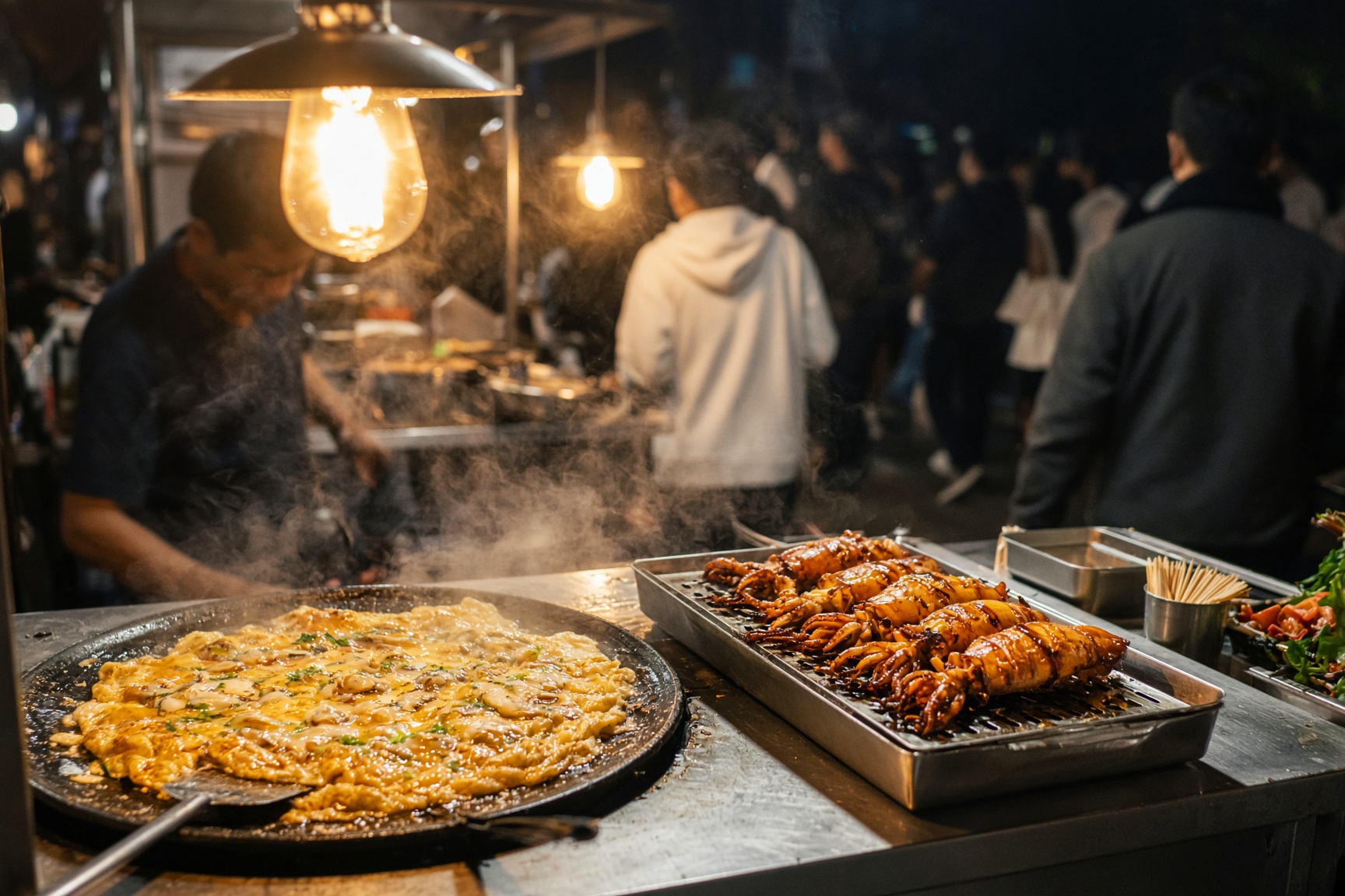 A Taiwan night market stall at work under hanging lights