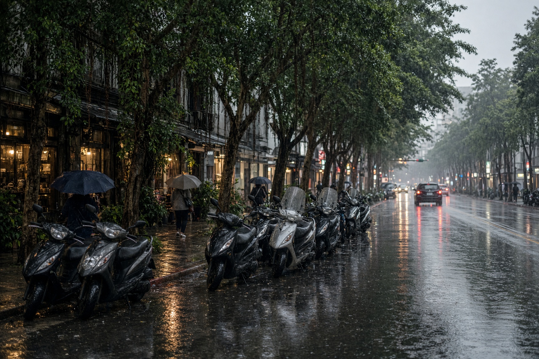 A rainy Taipei street with scooters, umbrellas, and wet asphalt