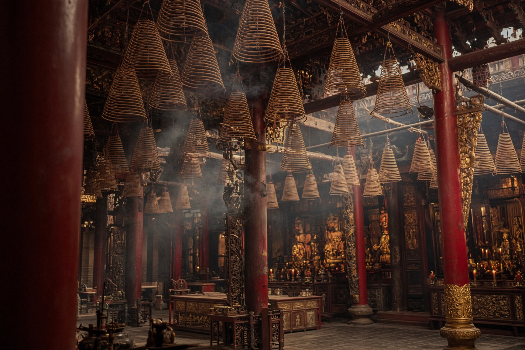 Incense coils in a Taiwan temple — the civic and the sacred share a street